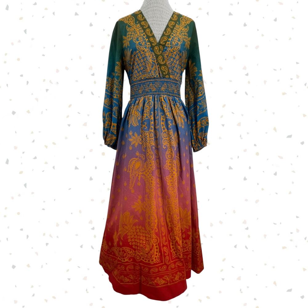 Farm Rio Smocked-Waist Dress Anthro Paisley Long Sleeve Boho Jewel Tone Size S